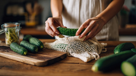 A pair of hands carefully places a fresh cucumber into a reusable bag. The setting highlights an eco-friendly kitchen with other cucumbers scattered, representing healthy eating and sustainable practices.の素材