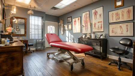 This image showcases a modern medical office featuring a red treatment table, anatomical posters on the walls, and a warm wooden floor, creating a calming space for patient care.の素材