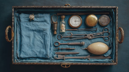 Discover a curated collection of vintage medical instruments and tools arranged in an ornate case with a blue fabric lining. Ideal for history enthusiasts.の素材