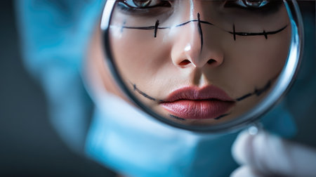 A detailed close-up of a woman's face marked for cosmetic surgery, showcasing a magnifying glass highlighting her features in a medical setting.の素材