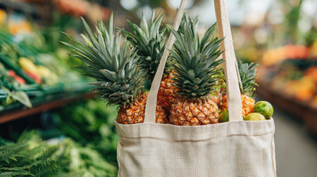 A vibrant scene featuring fresh pineapples and limes packed in a reusable bag at a colorful market, showcasing healthy produce and eco-friendly choices.の素材