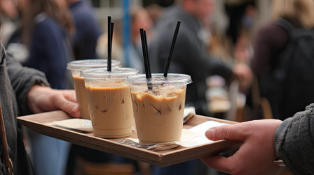 A close-up view captures a person serving refreshing iced coffee drinks on a wooden tray at a lively outdoor cafe, showcasing a vibrant gathering atmosphere.の素材