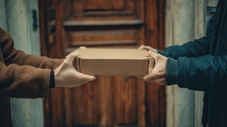 A scene depicting two individuals exchanging a brown cardboard box at a doorstep, highlighting themes of delivery, interaction, and urban living.の素材
