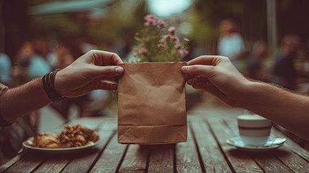 Two hands are seen exchanging a brown paper bag in a lively outdoor cafの素材