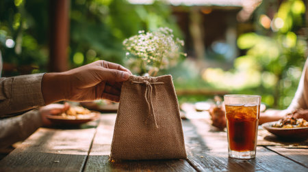 A hand holding a small burlap bag sits on a rustic wooden table. Iced tea and diners surround a lush green backdrop, capturing a cozy dining experience.の素材
