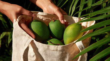 A person gently holds a reusable bag filled with fresh green mangoes, surrounded by lush tropical foliage and warm sunlight, emphasizing eco-friendly choices.の素材