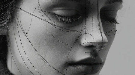 This striking monochrome portrait showcases the beauty of a woman's face adorned with delicate lines and sketches, representing aesthetic concepts and artistry.の素材