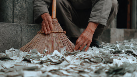 A focused individual carefully sweeps up scattered paper waste in a rustic outdoor setting, demonstrating diligence and commitment to cleanliness.の素材