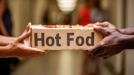 A dynamic scene of two individuals exchanging a freshly delivered hot food box in a bustling urban hallway, showcasing the joy of sharing meals in community.の素材