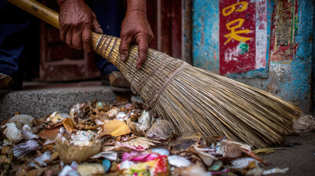 A person diligently sweeps a variety of shells and debris from a coastal area using a traditional broom, emphasizing the importance of cleanliness in natural environments.の素材
