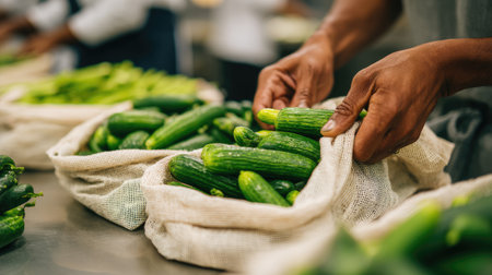A close-up view of hands sorting and packing fresh cucumbers in a natural textile bag, emphasizing the importance of organic produce in healthy cooking.の素材