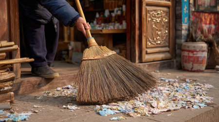 A captivating scene captures a worker sweeping vibrant leaves near a charming shop entrance, showcasing the beauty of tradition and a tidy environment in warm light.の素材