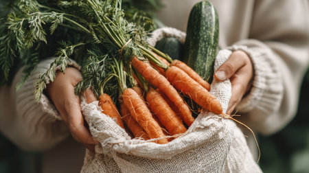 A beautiful arrangement of fresh carrots and cucumbers held in a cloth bag, symbolizing healthy eating and organic gardening, surrounded by lush greenery.の素材