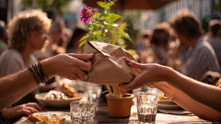 A vibrant outdoor scene captures the essence of community as two hands exchange a brown paper bag in a lively atmosphere filled with conversation and shared meals.の素材
