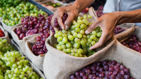 Hands delicately sort fresh green and purple grapes in burlap bags at a lively farmers market, showcasing natural beauty and healthy choices.の素材