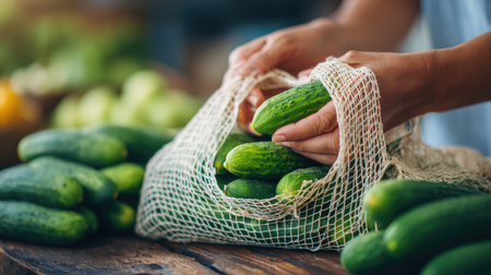 Fresh cucumbers are carefully placed into a mesh bag by hands in a vibrant organic market. This image reflects a healthy lifestyle and sustainable shopping habits.の素材