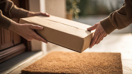 A delivery person hands over a neatly wrapped package to a recipient at the home entrance, showcasing a warm and inviting atmosphere of home delivery.の素材