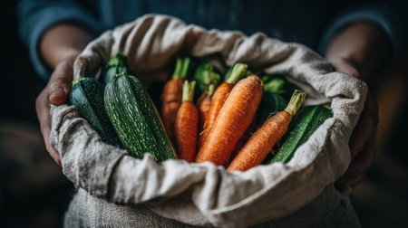 A close-up view of fresh organic carrots and zucchinis in a rustic bag, held by hands in warm natural light, showcasing vibrant colors and textures.の素材