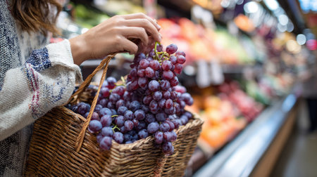 A woman carefully selects a bunch of fresh grapes from a neatly arranged grocery store display, emphasizing healthy eating and lifestyle choices.の素材
