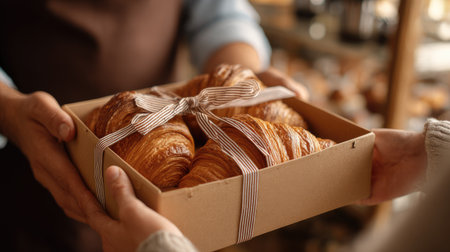 This heartwarming image captures a moment of sharing, showcasing two hands exchanging a gift box of freshly baked croissants in a cozy bakery.の素材