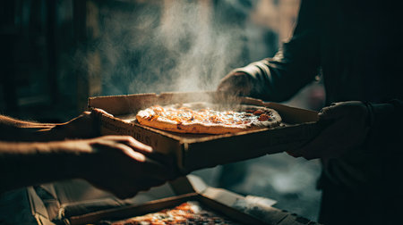 A steaming hot pizza is being shared between hands, creating an inviting atmosphere that captures the essence of comfort food in an urban setting.の素材