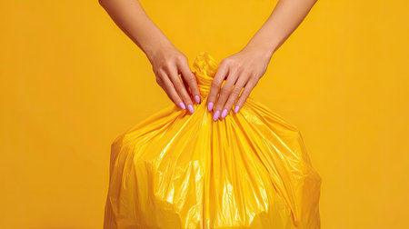 A pair of hands tie up a yellow plastic garbage bag, emphasizing themes of waste management and cleanliness. The bright yellow background enhances the image's vibrant and cheerful feel.の素材