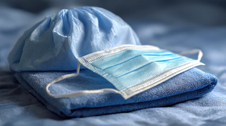 A serene composition of a medical mask and surgical cap resting on soft blue textile, highlighting themes of hygiene, safety, and healthcare essentials.の素材