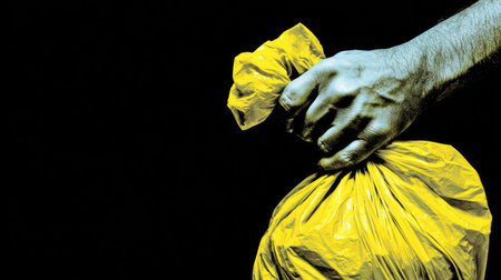A close-up of a hand gripping a yellow garbage bag against a dark background, illustrating themes of waste management, responsibility, and environmental awareness.の素材