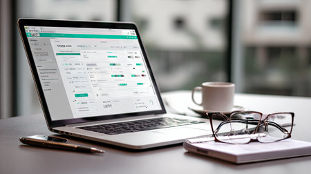 A modern workspace featuring a laptop open to a digital interface, a coffee cup, glasses, and a notepad, creating a productive environment.の素材