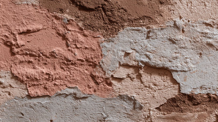 An artistic close-up of a wall surface showing unique layers of pink, brown, and white paint. The textures and colors create a visually striking abstract design perfect for backgrounds.の素材