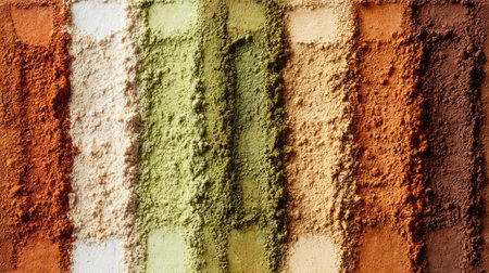 A visually striking arrangement of powdered ingredients showcases a palette of natural colors, perfect for culinary creativity and artistic inspiration in food photography.の素材