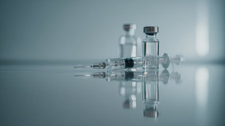 A close-up image of a syringe and glass vials, emphasizing medical supplies on a reflective surface, symbolizing health, treatment, and vaccination efforts.の素材
