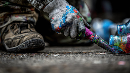 A dynamic close-up of an artist's gloved hand applying spray paint on an urban surface, surrounded by colorful paint bottles, showcasing vibrant creativity.の素材