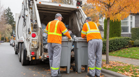 Two waste management workers in bright orange uniforms are collecting trash from bins in a residential neighborhood during autumn. The scene highlights teamwork and community service.の素材