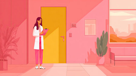 This colorful cartoon illustration features a female healthcare professional standing confidently in a modern clinic. Her vibrant outfit and the cheerful environment enhance a sense of wellness and positivity.の素材