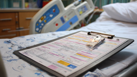 A close-up view of a medical chart laying on a hospital bed, showcasing patient information and a clipboard in a clean healthcare setting.の素材