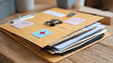 A close-up view of neatly organized medical documents and a folder with a clip, situated on a wooden table, showcasing effective paperwork management.の素材
