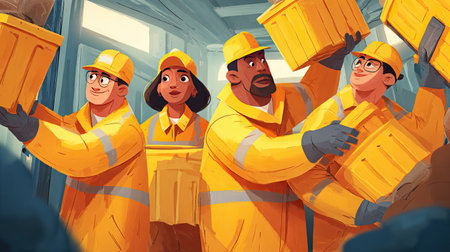 A diverse group of workers wearing bright yellow uniforms collaborates in an industrial setting, demonstrating teamwork and commitment to waste management practices.の素材