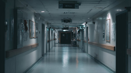 A quiet and dimly lit hospital corridor showcasing empty patient rooms and glowing fluorescent lights, evoking a somber and eerie atmosphere.の素材