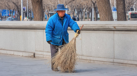 An elderly man in blue clothing is diligently sweeping a paved area in a city park. Tree-lined surroundings create a peaceful and tranquil setting.の素材