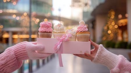 A delightful display of colorful cupcakes arranged in a beautiful gift box, perfect for celebrations. The cozy scene captures joy and sweetness in a festive atmosphere.の素材