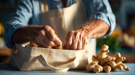 A close-up view of hands selecting fresh ginger root from a natural cotton bag emphasizes farm-to-table cooking. Ideal for food and wellness themes.の素材