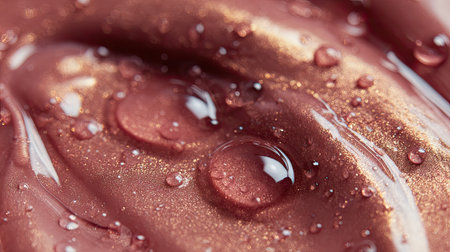 This macro image showcases a close-up view of a smooth, shimmery liquid featuring drops of water, ideal for beauty and cosmetic themes.の素材
