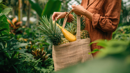 A serene scene featuring a woman collecting fresh pineapples and squash in a burlap bag, surrounded by beautiful tropical foliage in a lush garden.の素材