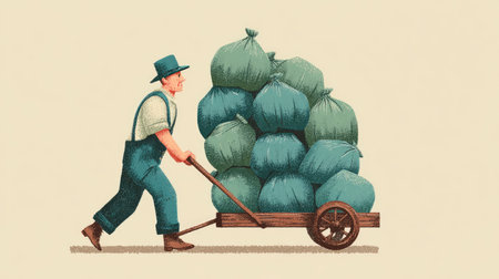 A vintage illustration of a man wearing a flat cap, pulling a wheelbarrow loaded with green bags. This artwork captures rural life and hard work, emphasizing simplicity and tradition.の素材