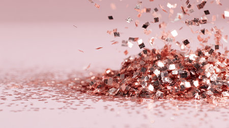 A stunning display of rose gold glitter sprinkles gracefully falling against a soft pink backdrop, creating a captivating and festive atmosphere.の素材