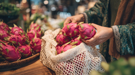 A woman sorts through vibrant pink dragon fruits in a bustling market setting, showcasing the beauty of fresh produce and healthy living.の素材
