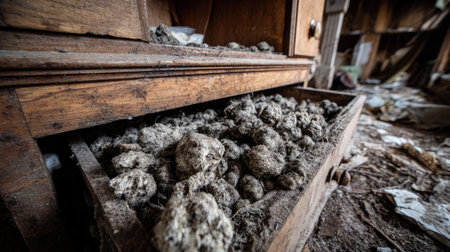 A close-up view of a dusty drawer filled with debris in an abandoned room, showcasing signs of neglect and decay, capturing the essence of forgotten spaces.の素材
