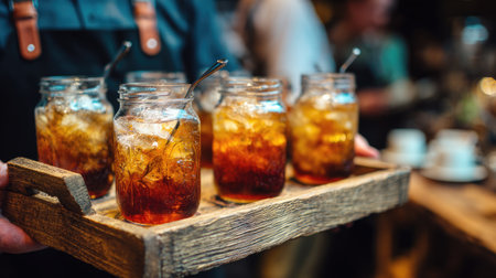 A beautiful display of refreshing iced beverages in glass jars served on a rustic wooden tray, perfect for summer parties and social gatherings.の素材
