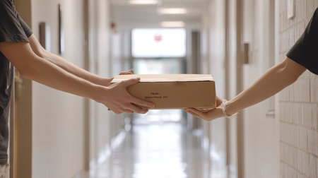 Two individuals perform a package delivery in a hallway, highlighting the simplicity of exchange in modern logistics, surrounded by natural light and neutral tones.の素材